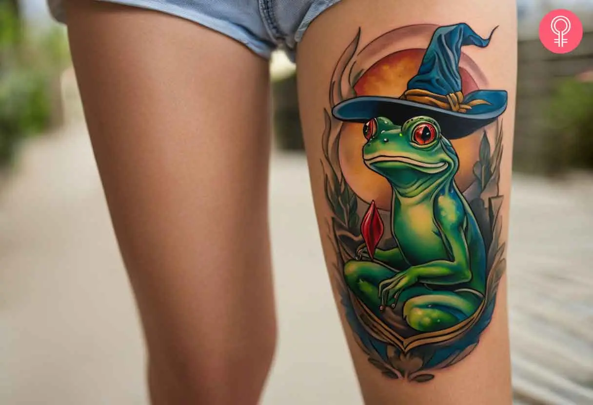 A woman with a wizard frog tattoo on her thigh