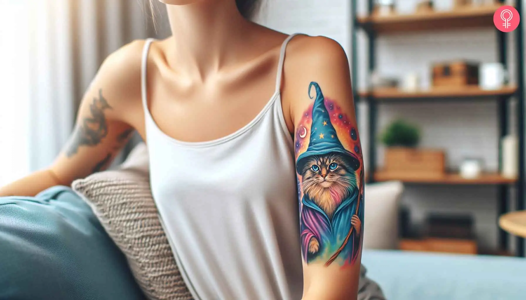 A woman with a wizard cat tattoo on her bicep