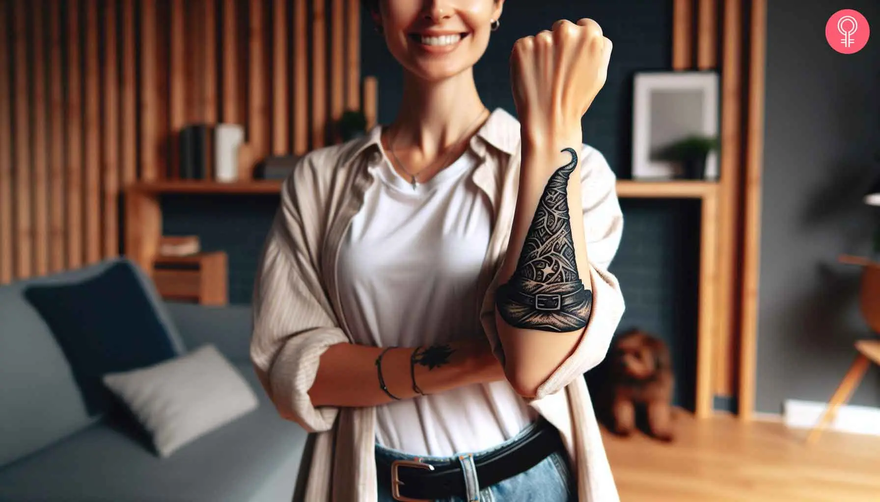 A woman with a wizard hat tattoo on her arm