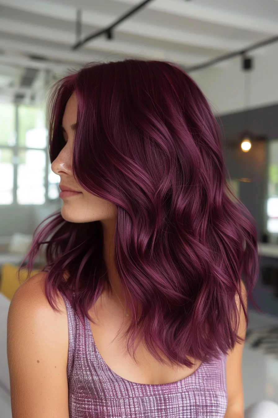 Luscious plum-colored strands shimmer with an almost metallic quality, creating a mesmerizing effect as light plays across each wave. Medium-length cuts can sometimes lack impact, but this rich wine shade transforms basic waves into something extraordinary. The color appears deeper near the crown, gradually becoming more vibrant through the mid-lengths and ends, while maintaining its purple-wine intensity.