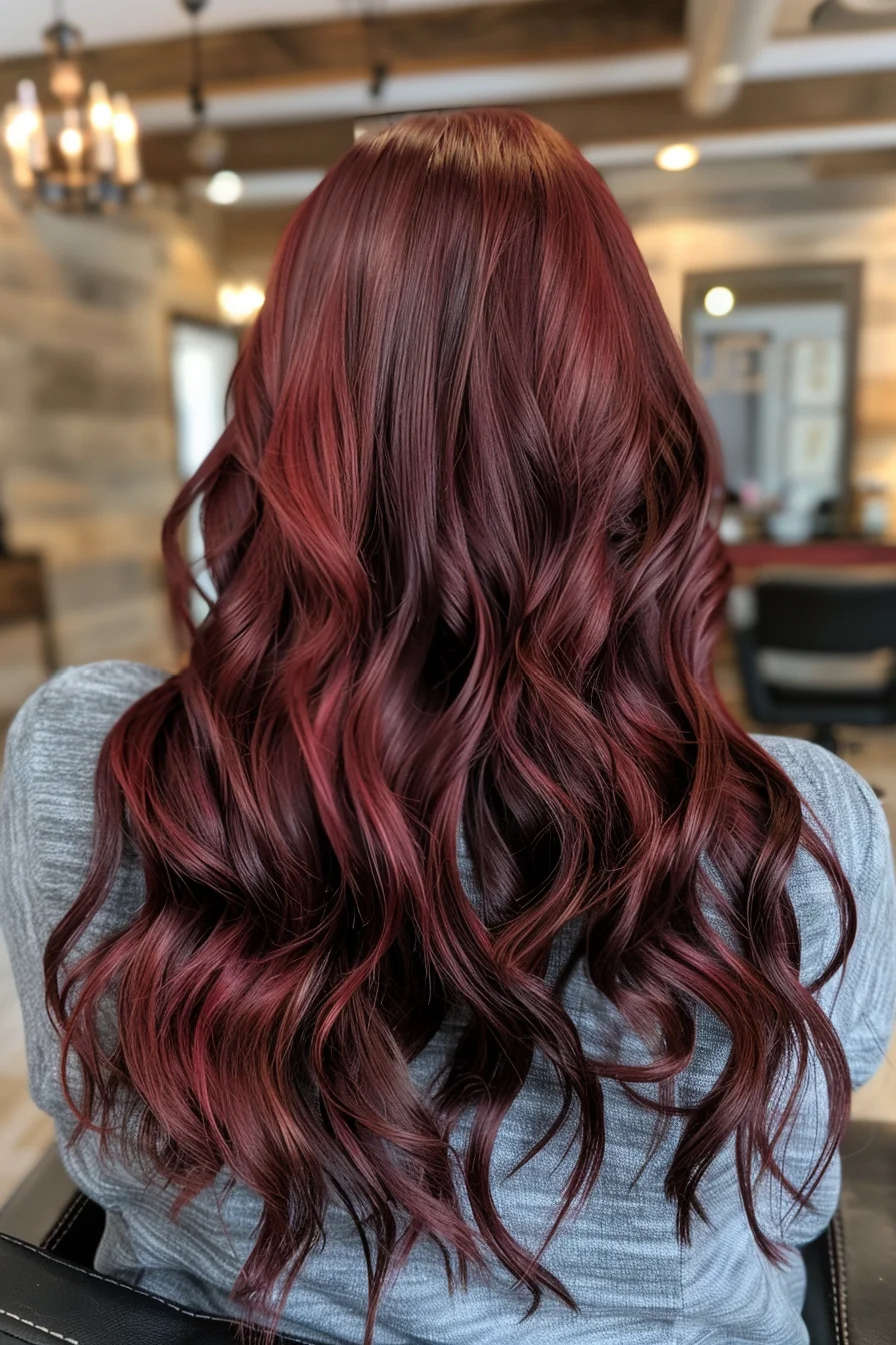 Magnificent mulberry-toned hair flows in graceful waves, showcasing a beautifully blended combination of deep wine and subtle mahogany undertones. Long layers create natural movement throughout, while the consistent coloring technique ensures an even distribution of this captivating shade. Gentle waves have been styled to emphasize the multi-dimensional aspects of this bold wine color choice.