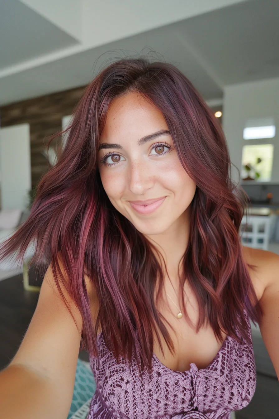 Stunning raspberry-wine colored hair features soft, face-framing layers that enhance natural texture and movement. Medium-length cuts styled in loose waves allow this bold color choice to truly shine, with subtle variations in tone creating beautiful dimension. The color work demonstrates incredible attention to detail, with deeper wine tones at the roots transitioning into brighter berry-wine hues through the lengths.