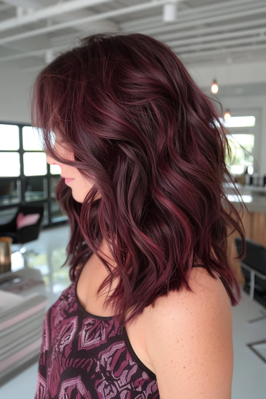 Dimensional mulberry-colored strands showcase a stunning mix of deep wine and lighter raspberry highlights throughout. Long, piece-y layers with textured ends create natural movement, while the multi-tonal coloring technique adds depth and intrigue. Soft waves emphasize the beautiful interplay between darker and brighter wine-inspired shades.