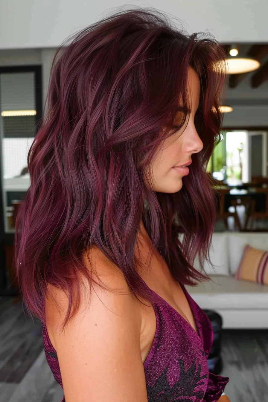 Medium-length waves showcase an alluring mix of deep wine and burgundy tones that melt together seamlessly. Layers cut at varying lengths create natural movement and body, while the color application features darker roots that transition into brighter wine-colored ends.