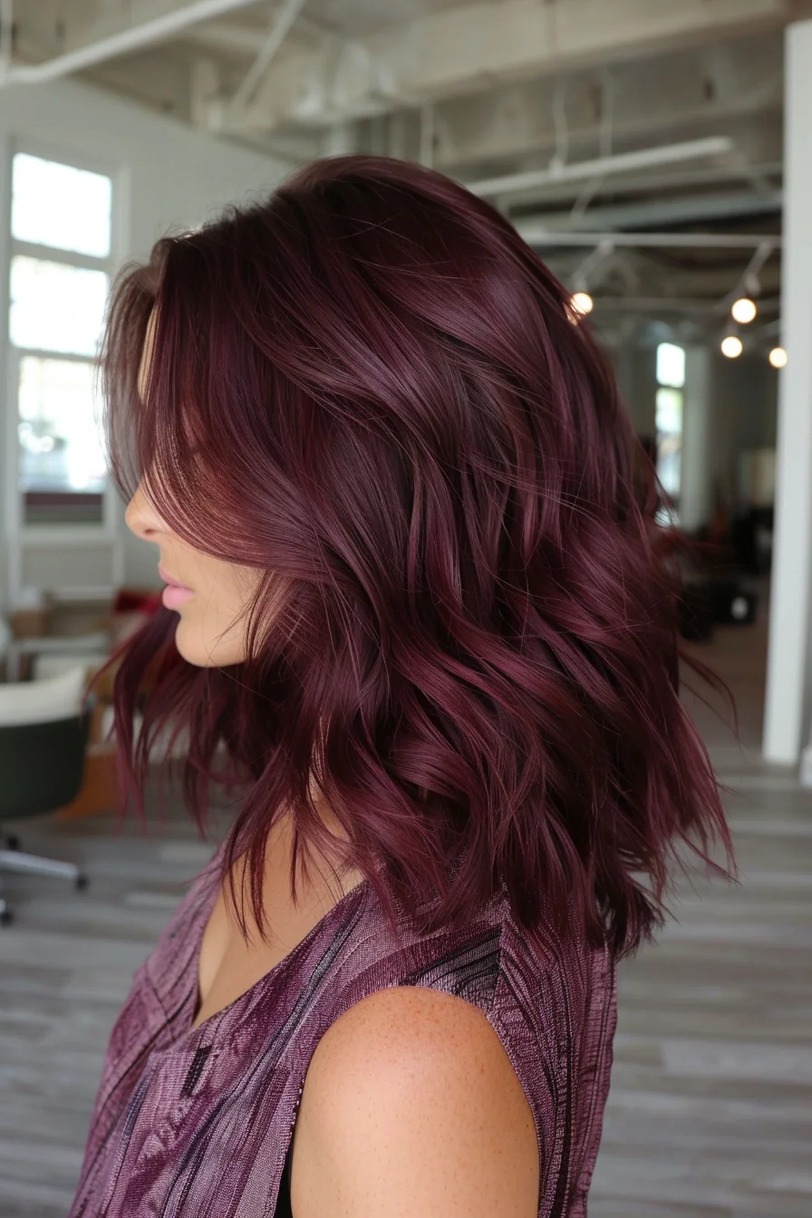 Luxurious burgundy waves showcase a stunning blend of deep wine and mahogany undertones, creating an enchanting multi-dimensional effect. Medium-length layers cut at varying angles add natural volume and movement, while subtle highlights throughout catch the light beautifully. A side-swept style with textured ends brings modern edge to this rich, saturated color.