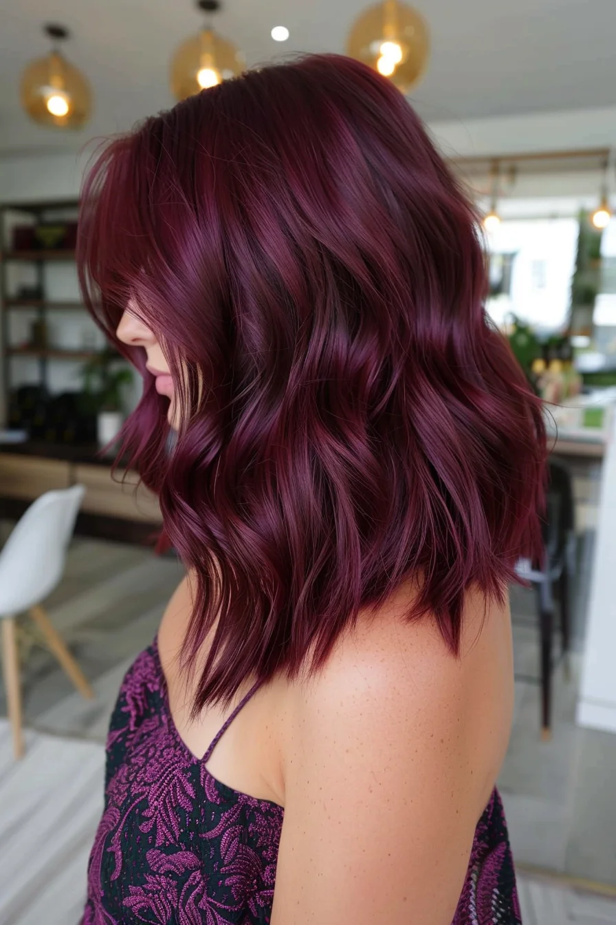 Medium-length waves showcasing a rich mulberry wine shade create stunning movement and texture throughout. Choppy layers add contemporary edge while highlighting the multi-dimensional aspects of this bold color choice. Darker roots blend seamlessly into brighter wine-toned ends, giving depth and character to every angle of these beautifully styled waves.