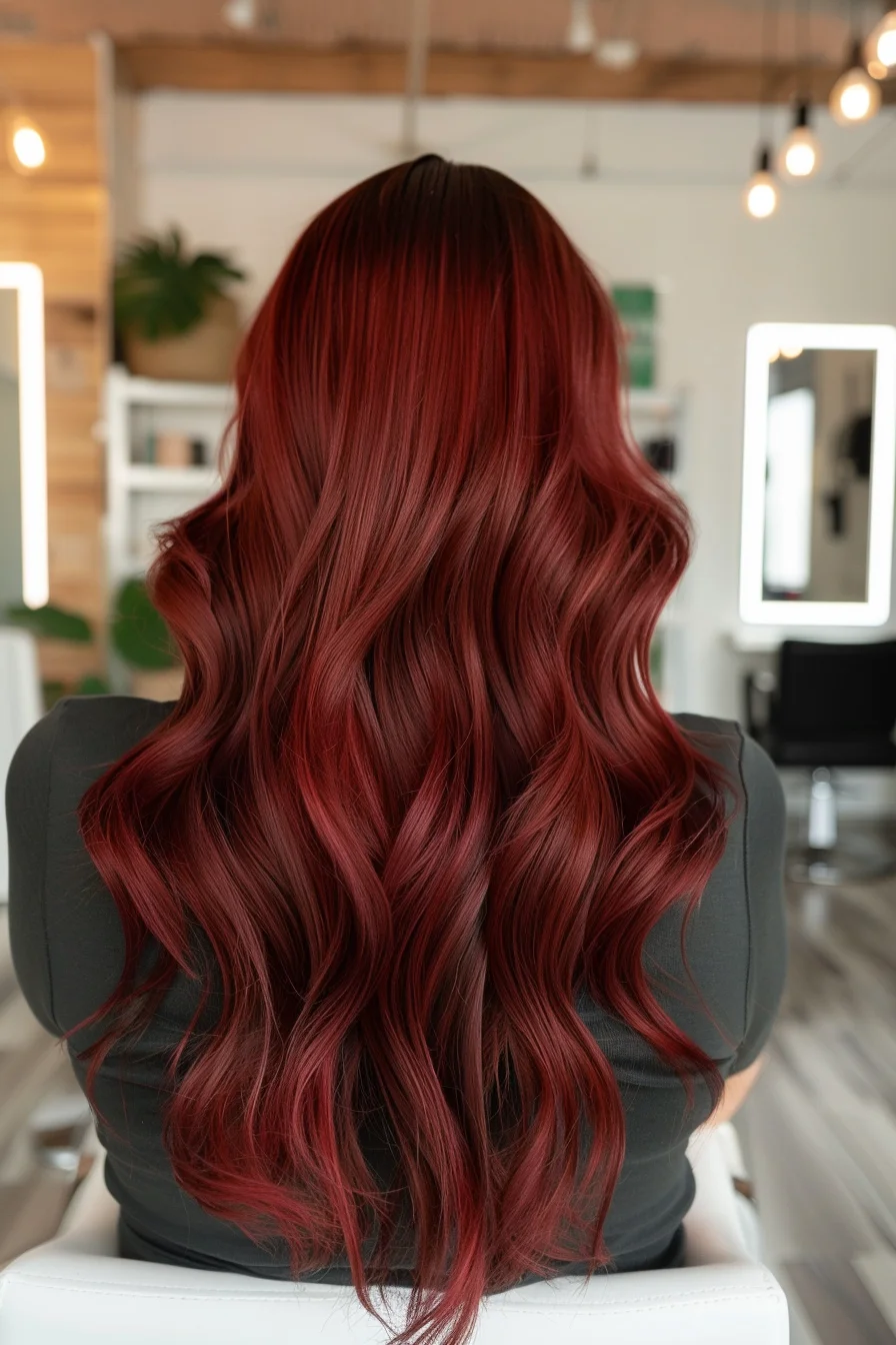 Cascading waves in a brilliant crimson-wine shade create stunning visual impact from roots to ends. Carefully blended tones transition from deep burgundy to brighter wine hues, while long layers cut at varying angles add incredible movement and body. Loose waves styled throughout emphasize the rich, dimensional quality of this bold color choice.