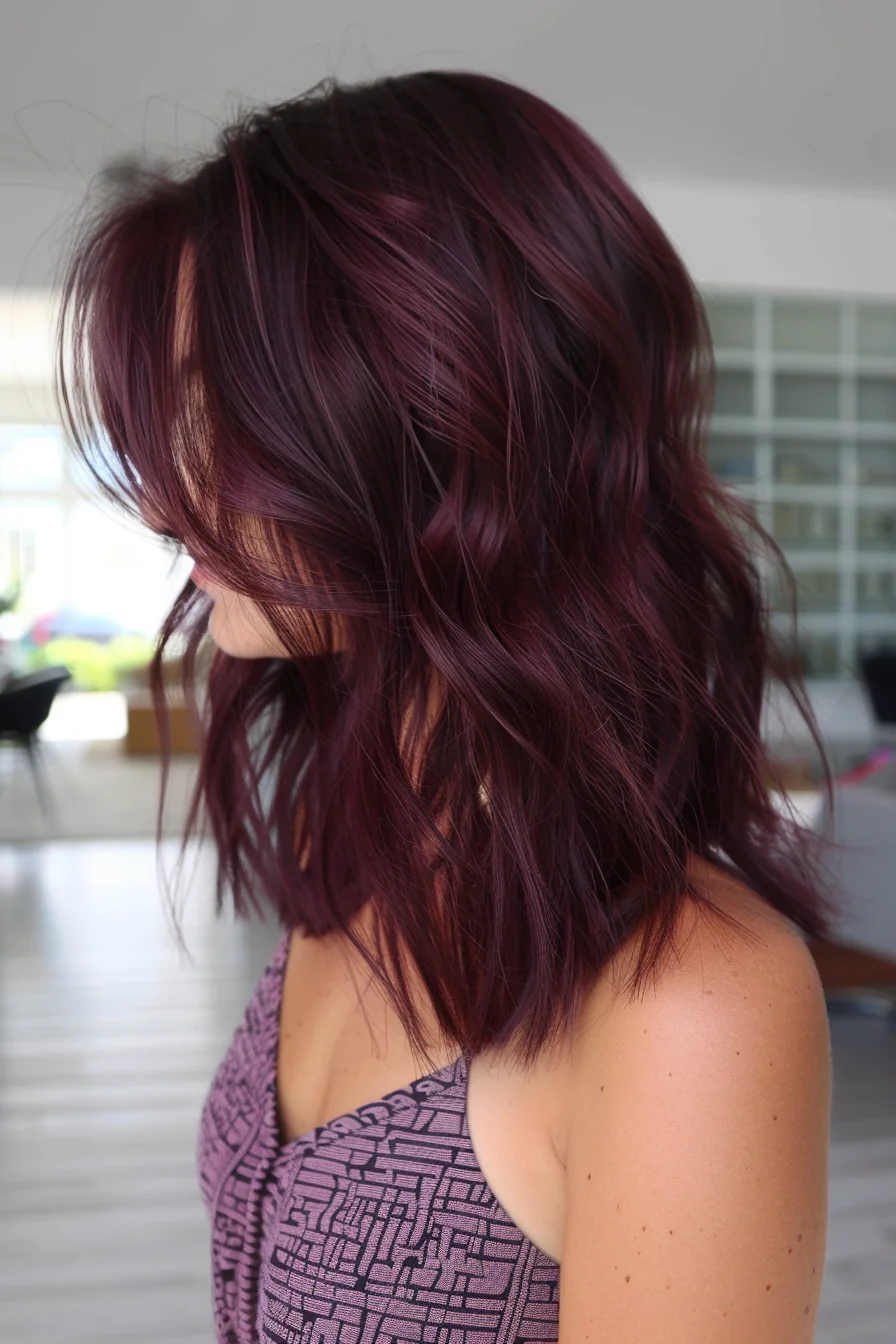 An enchanting blend of deep burgundy and bright raspberry hues creates striking movement through medium-length layers. Choppy, textured ends add modern edge while highlighting the beautiful variations in this bold wine color. Side-swept styling emphasizes the rich dimensional quality, with darker roots melting into vibrant mid-lengths.