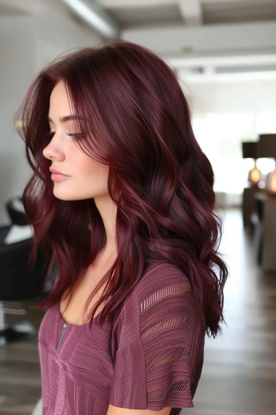 Luxurious mulberry-colored waves feature subtle variations between deep wine and brighter burgundy tones. Medium-length layers create natural movement while showcasing the multi-dimensional aspects of this rich shade. Soft waves styled with deliberate texture highlight the beautiful interplay between darker roots and vibrant wine-colored lengths.