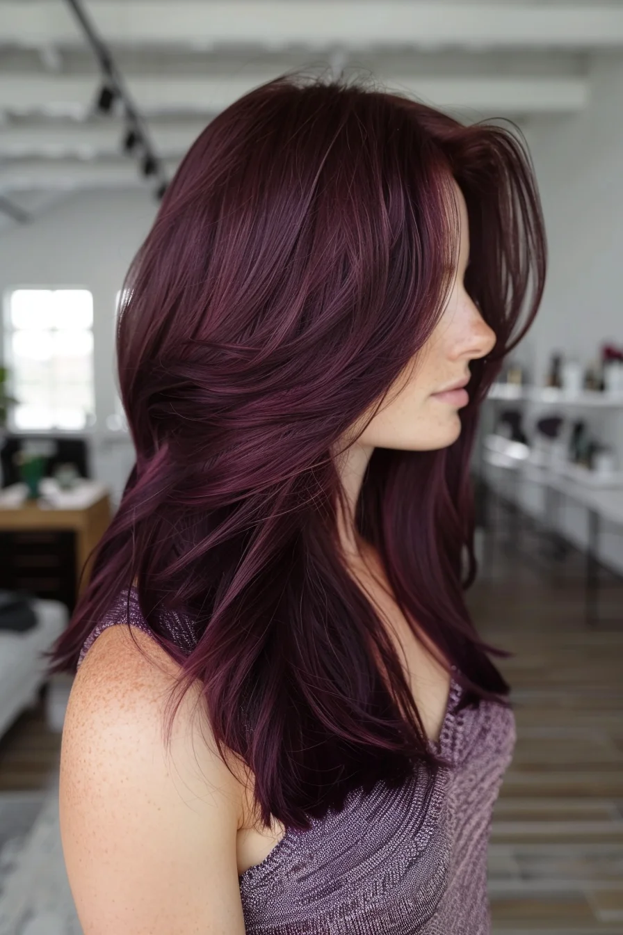 A striking display of deep burgundy coloring flows through these long layers, creating an enchanting blend of wine and berry tones. Gentle waves styled with purposeful texture show off the gorgeous color variations, while shorter pieces around the crown add volume and movement. Each wave reveals new depths of this rich, multi-dimensional shade.