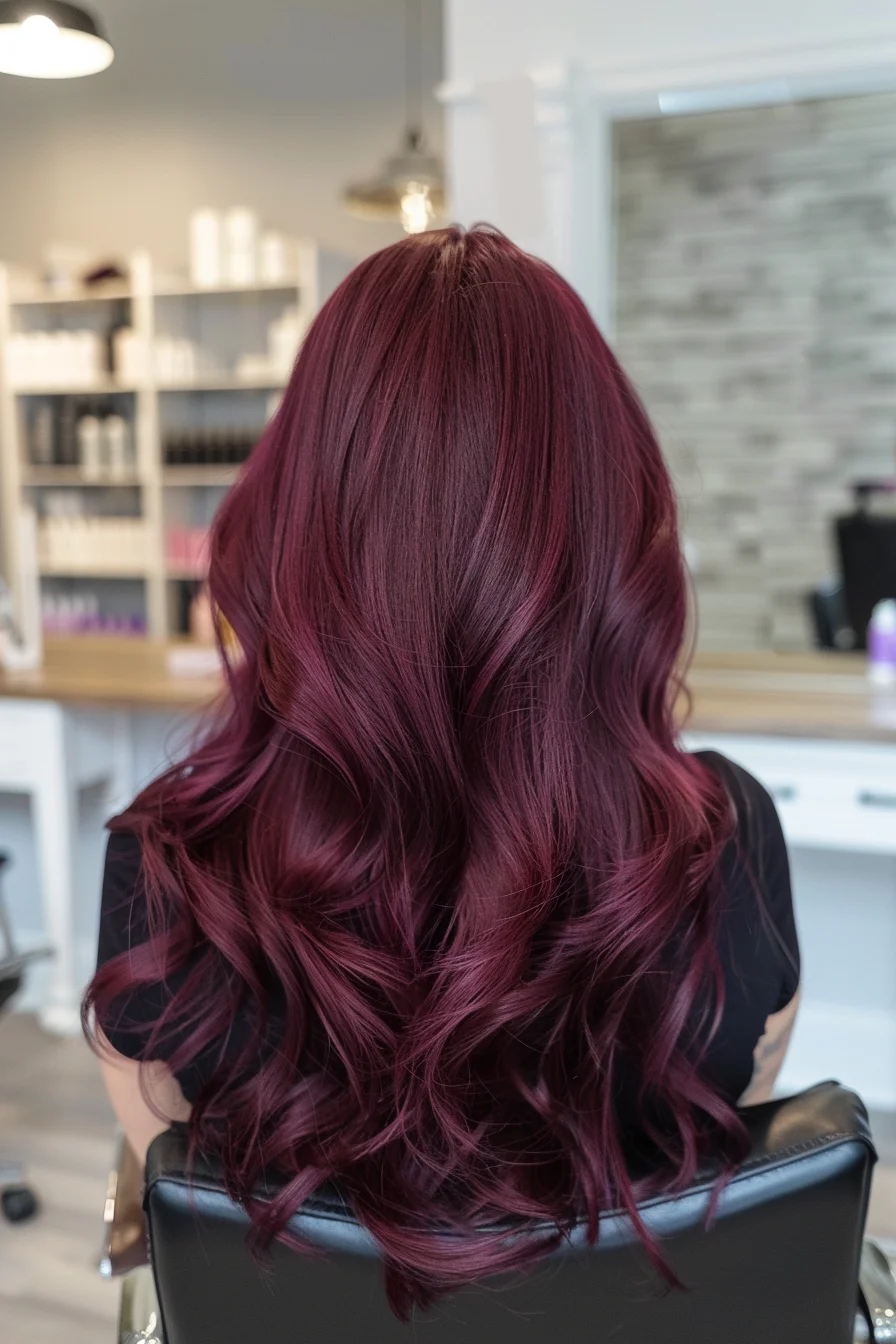 Long, flowing waves colored in a mesmerizing combination of deep wine and berry tones create incredible visual impact. Carefully blended shades transition from darker roots to vibrant burgundy ends, while layers cut at varying angles add natural movement. Loose waves styled throughout highlight the rich, dimensional quality of these wine-inspired hues.