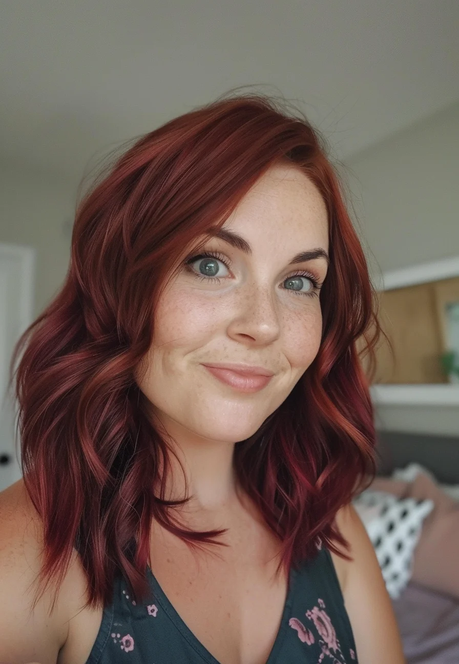 Medium-length waves feature an alluring blend of crimson and wine tones that create incredible visual impact. Layers cut at varying angles enhance natural movement, while the color work combines both cool and warm aspects of these bold wine shades. Each wave reveals new depths of the multi-dimensional coloring.