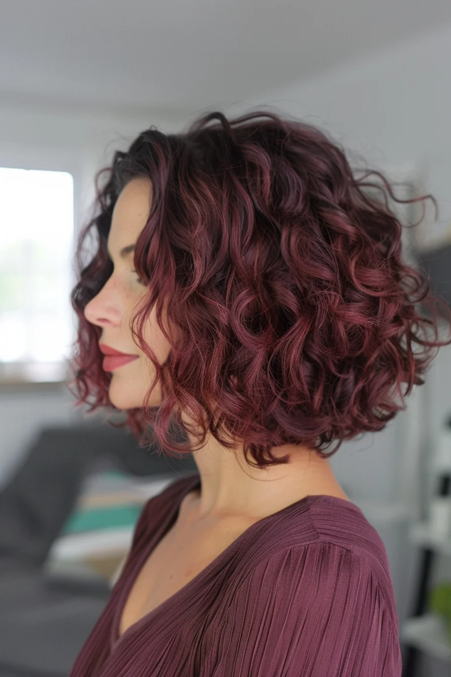 Bouncy curls in vibrant wine tones create enchanting movement in this chin-grazing bob. Voluminous layers emphasize the multi-dimensional aspects of the color, while each curl reveals new depths of burgundy and berry shades. Natural texture enhanced by styling shows off the beautiful interplay between deeper roots and bright mid-lengths.