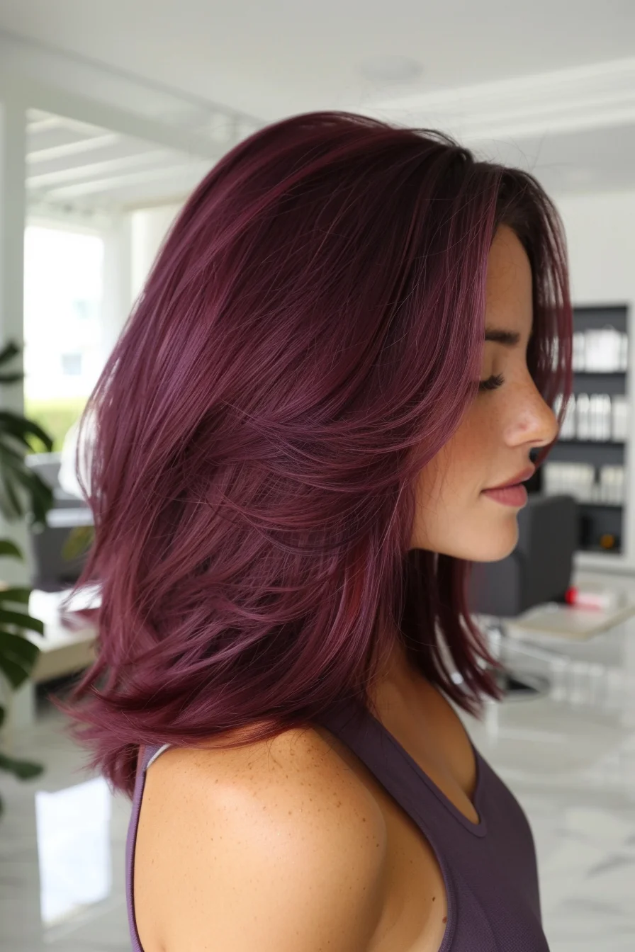 Medium-length layers feature a vibrant wine color that catches light beautifully from every angle. Side-swept styling creates effortless movement, while the seamless blend of burgundy tones adds remarkable dimension. Choppy ends styled with purposeful texture emphasize the rich, multi-tonal aspects of this bold shade.