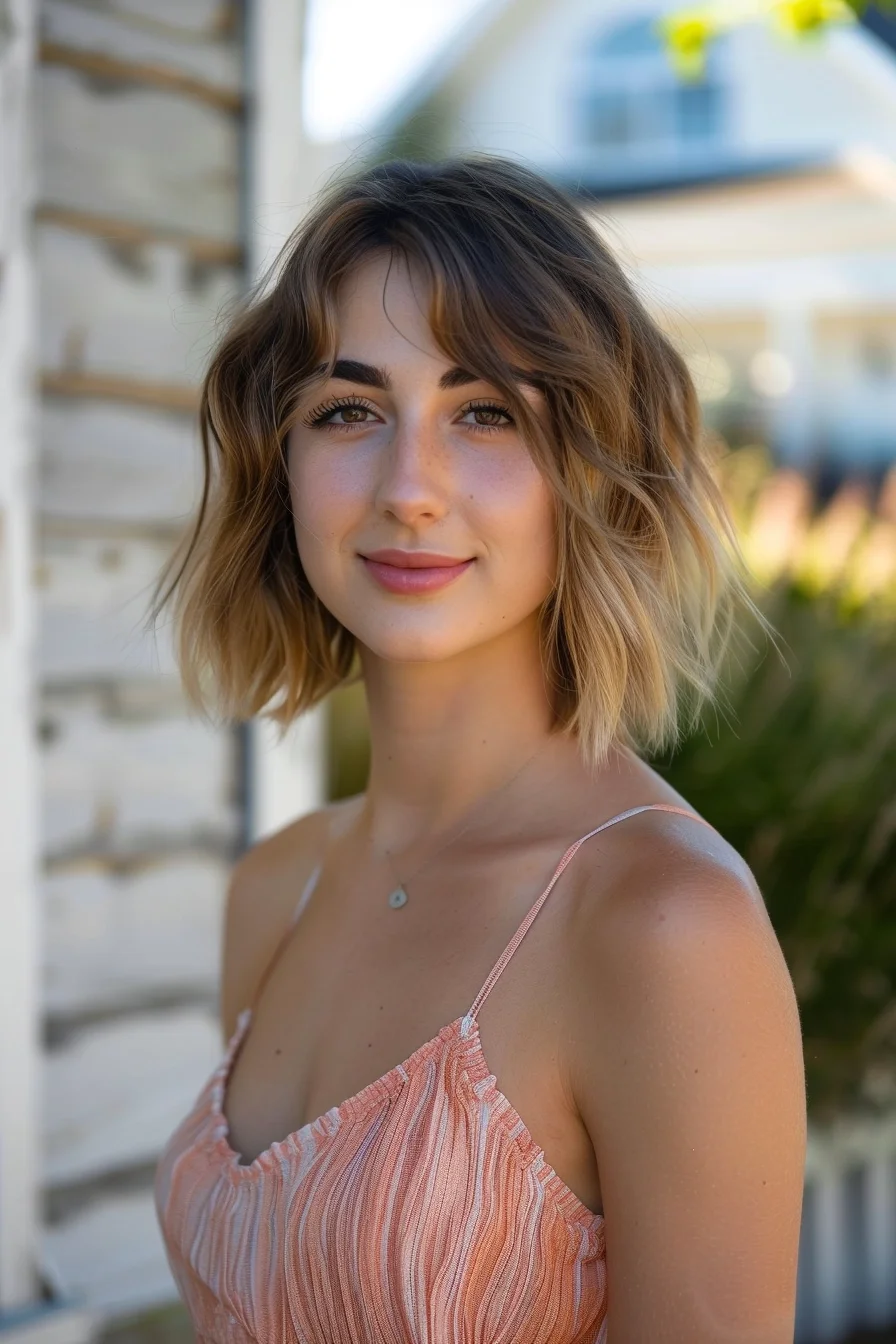 Modern shoulder-length shag showcases a stunning blend of warm caramel highlights against rich brunette base, creating dimensional movement throughout. Soft, wispy bangs frame the face beautifully while textured layers cascade around the shoulders. A brilliant balayage technique adds sun-kissed warmth, especially noticeable in those perfectly imperfect waves that embody casual chicness.