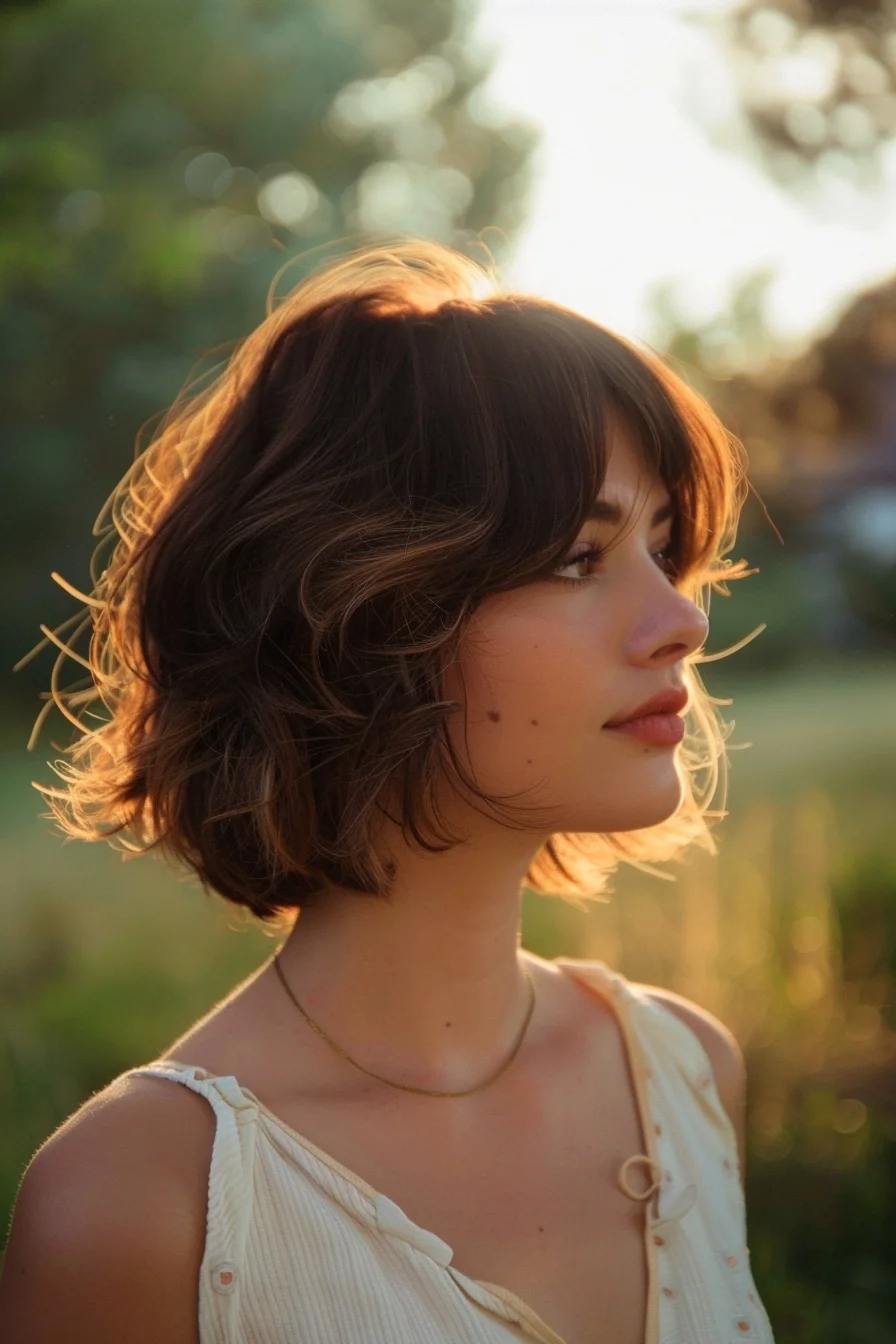 Golden hour lighting illuminates this French-inspired bob, where rich brunette tones meet subtle honey highlights. Flowing waves cascade just below the chin, while piece-y bangs blend seamlessly into face-framing layers. Natural texture brings out the depth of each carefully carved layer, creating an effortlessly undone finish.