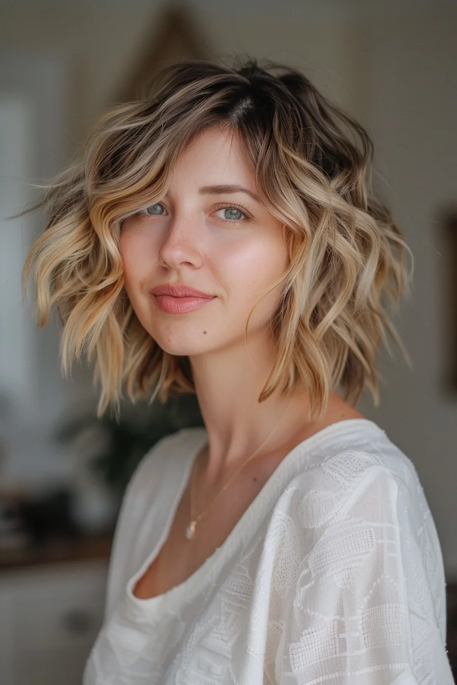 Medium-length blonde shag showcases voluminous waves with dimensional color that transitions from deeper roots to bright, buttery ends. Choppy layers throughout create amazing movement and body, while soft, wispy bangs blend naturally into the overall style. Deliberately tousled pieces bring out natural texture and embody casual chicness.