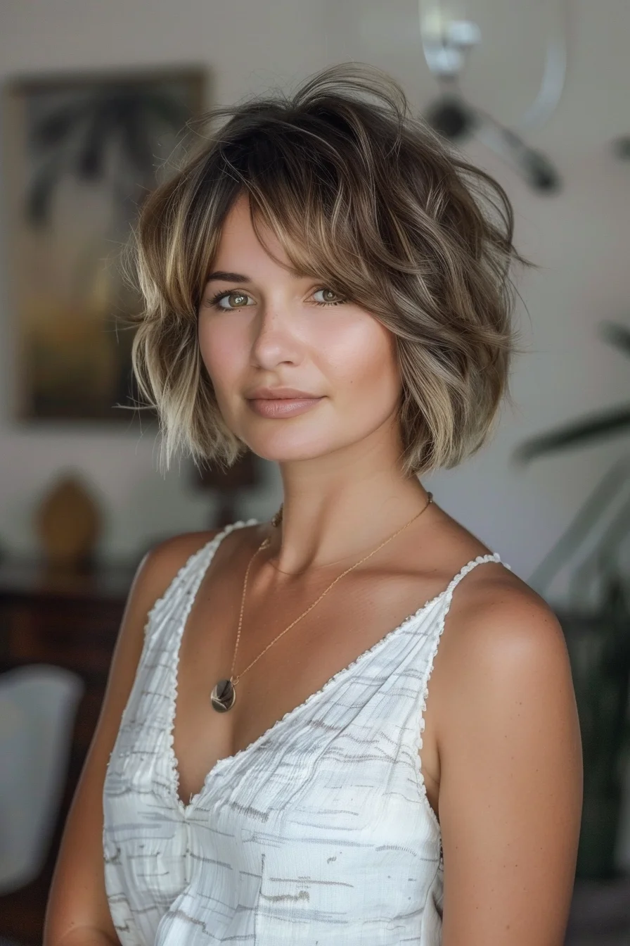 Short, wavy shag incorporates beautiful balayage work, where darker roots melt into bright blonde ends. Generous layers throughout create amazing volume and texture, while side-swept bangs soften facial features. Natural waves enhance the cut's inherent movement, creating a fresh, youthful vibe.