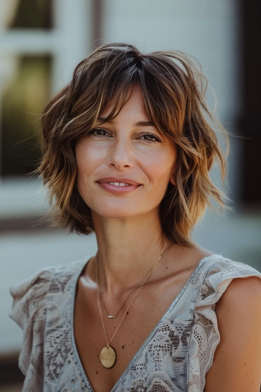 Beachy waves shine in a shoulder-skimming cut where rich chocolate roots melt into sun-kissed honey ends. Generous layers create amazing volume and texture, while piece-y bangs frame the face with casual grace. Gentle waves throughout emphasize the cut's natural movement and bring out stunning color variations.