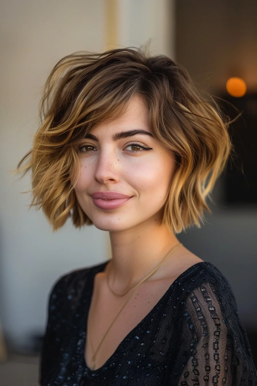 Tousled bob showcases brilliant balayage work, where deep brunette roots transition into bright golden ends. Choppy layers create incredible texture from crown to ends, while sweeping bangs blend flawlessly into face-framing sections. Natural waves enhance the cut's inherent movement, bringing a fresh, youthful energy to the style.