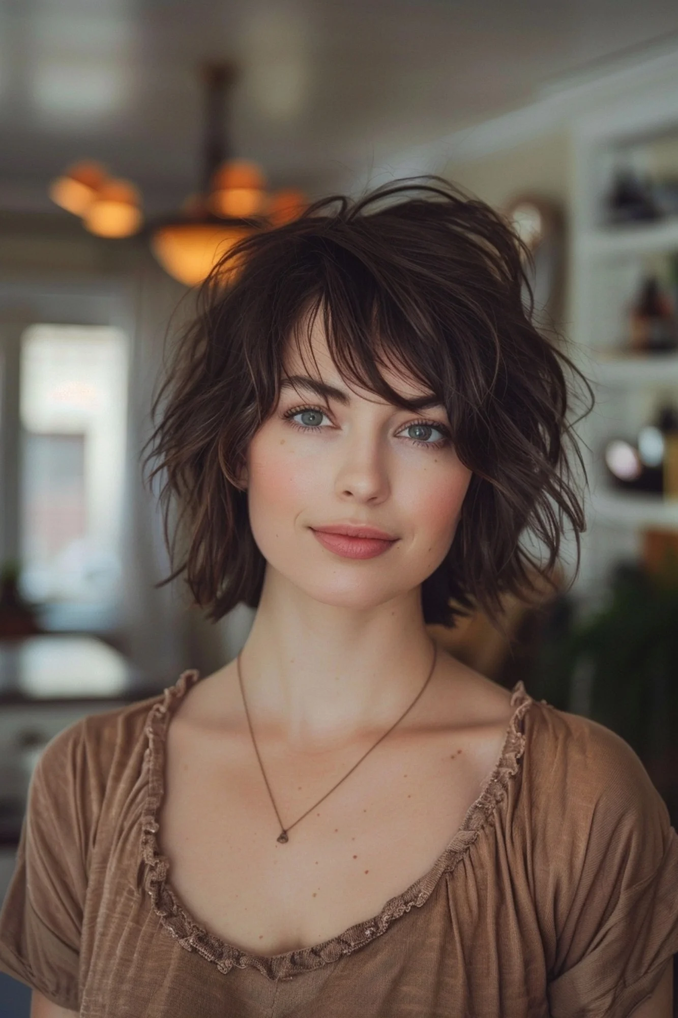 Modern shag introduces playful movement with its perfectly imperfect layers and casual texture. Warm brunette base glows with subtle honey highlights, while piece-y bangs frame the face beautifully. Shorter layers throughout create incredible volume, enhanced by natural waves that catch light at every angle.