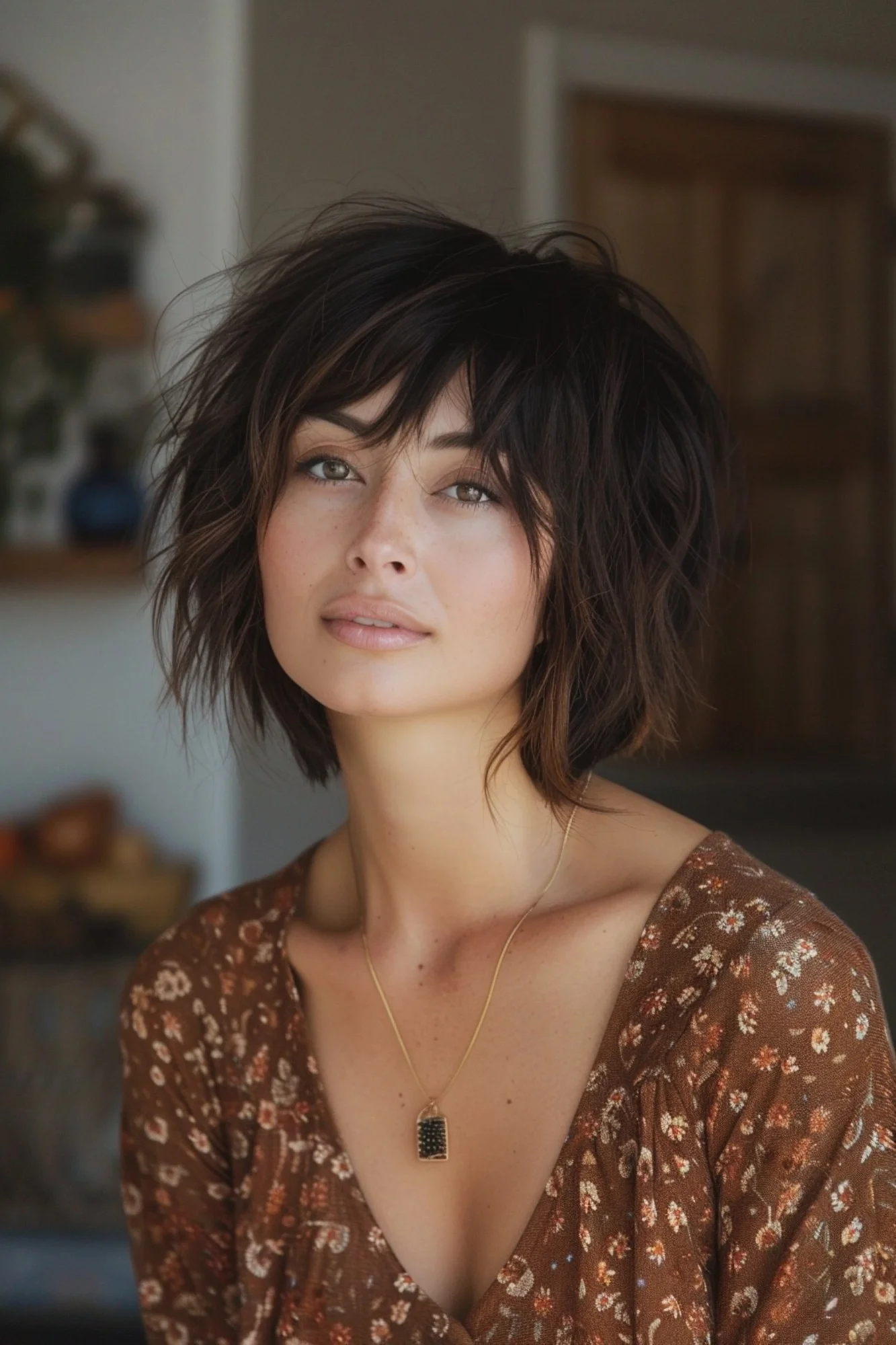 Sultry bohemian bob features stunning layers that emphasize natural texture and movement. Rich dark chocolate base color shows hints of sun-kissed warmth, while wispy bangs blend flawlessly into face-framing pieces. Shorter layers throughout crown add beautiful volume, creating that coveted lived-in finish that looks effortlessly cool.