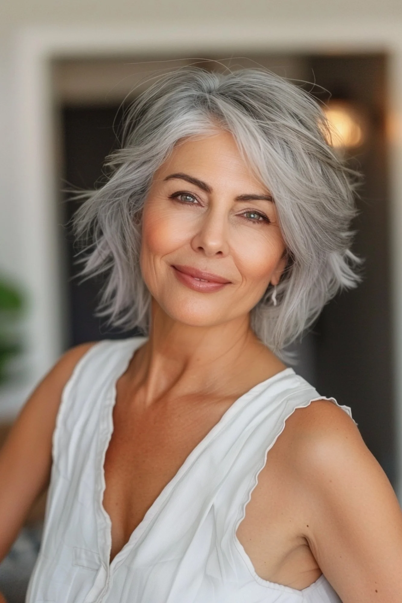 Voluminous shoulder-length cut reveals gorgeous silver hues with subtle depth throughout. Choppy layers create stunning texture from roots to ends, while soft bangs frame the face with casual grace. Natural waves enhance the cut's movement, bringing out beautiful variations in the cool-toned color.