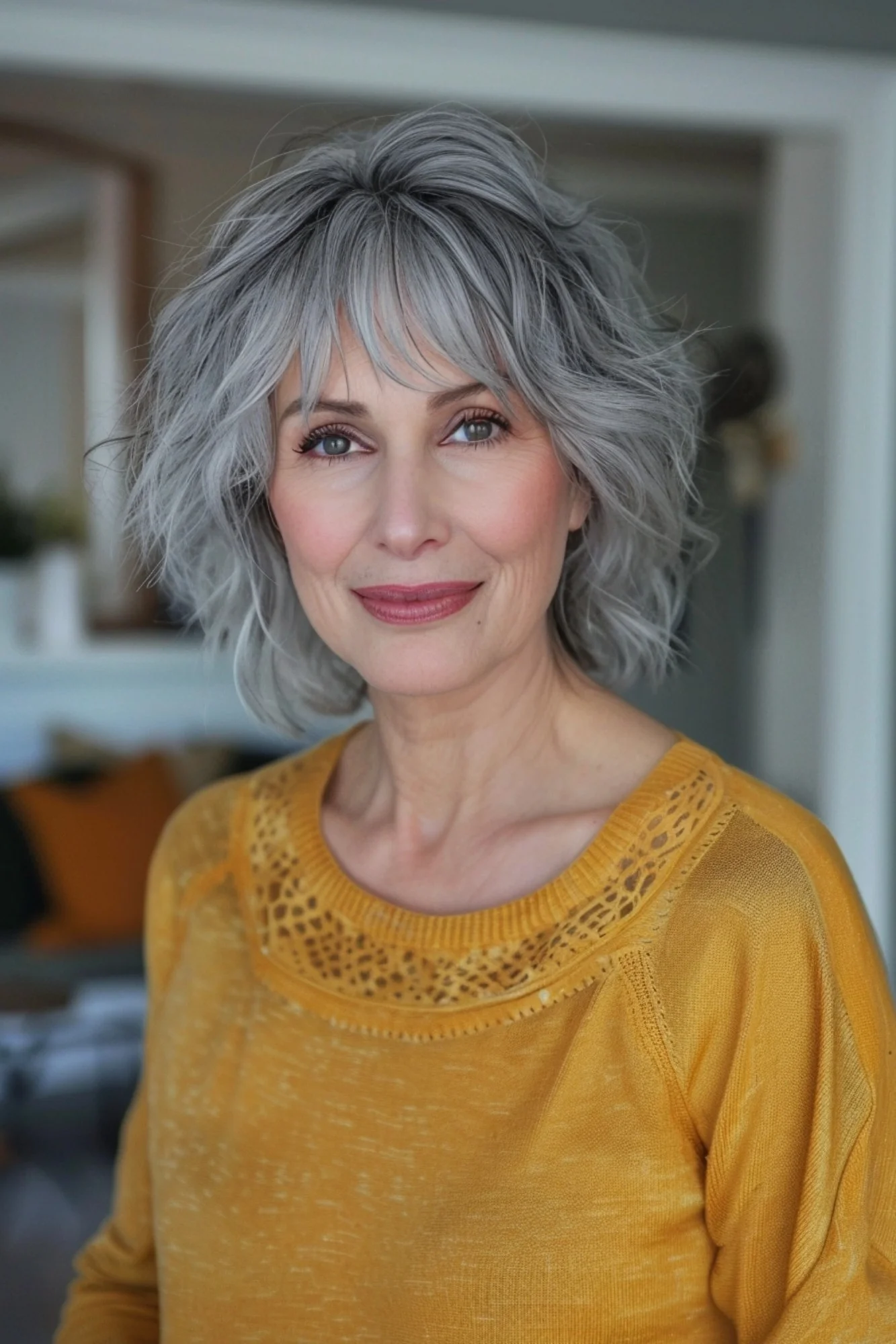 Modern bob with piece-y layers shows off brilliant silver coloring with depth and dimension. Shorter crown sections provide amazing volume while longer pieces around the face create beautiful movement. Side-swept bangs blend flawlessly into textured layers that emphasize the cut's natural wave pattern.