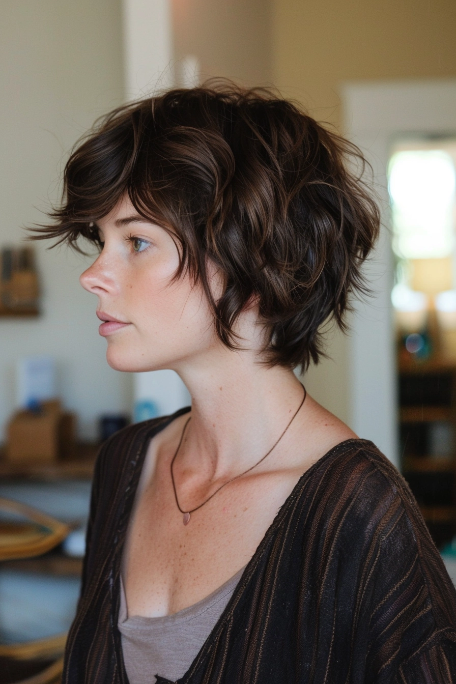 Edgy pixie shag features rich chocolate brown color with subtle caramel undertones peeking through. Razor-cut layers create incredible texture throughout, while piece-y bangs sweep across the forehead with rebellious attitude. Short, choppy sections enhance natural wave patterns for effortless style.