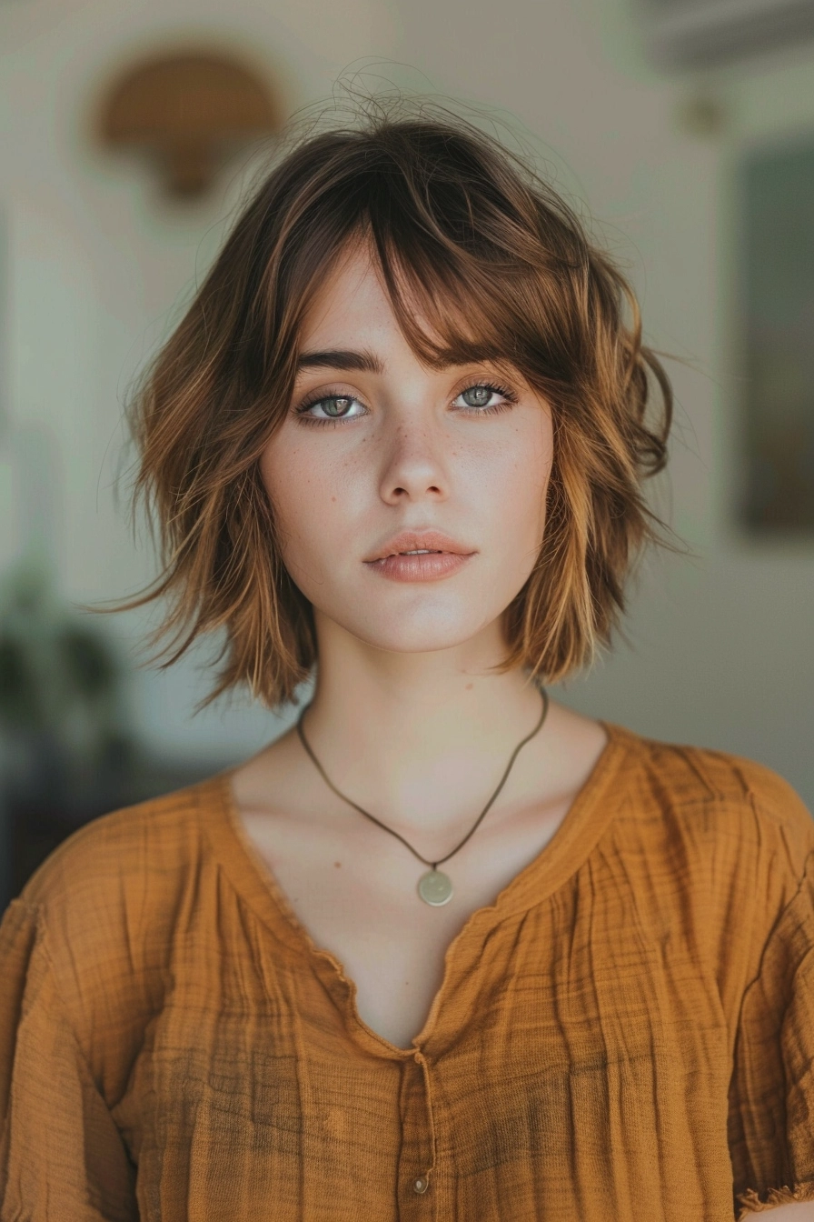 French-inspired bob features rich chocolate brown tones warmed by subtle caramel highlights. Choppy layers bring amazing texture and body while feathered bangs sweep effortlessly across the forehead. Natural waves catch light beautifully, creating depth and movement throughout each carefully carved layer.