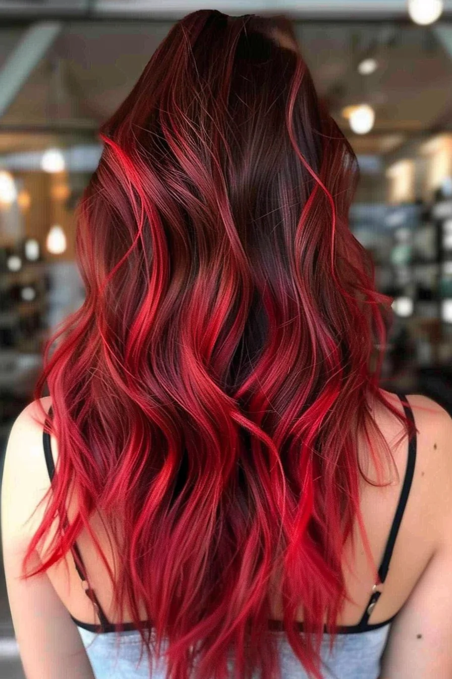 Rich mahogany roots flow into brilliant scarlet ends in a show-stopping display of red ombré. Hand-painted highlights create a seamless blend between the deeper base and vivid ends, while long layers styled in loose waves showcase the stunning color transition. Bold pops of bright red peek through darker sections, adding incredible dimension.