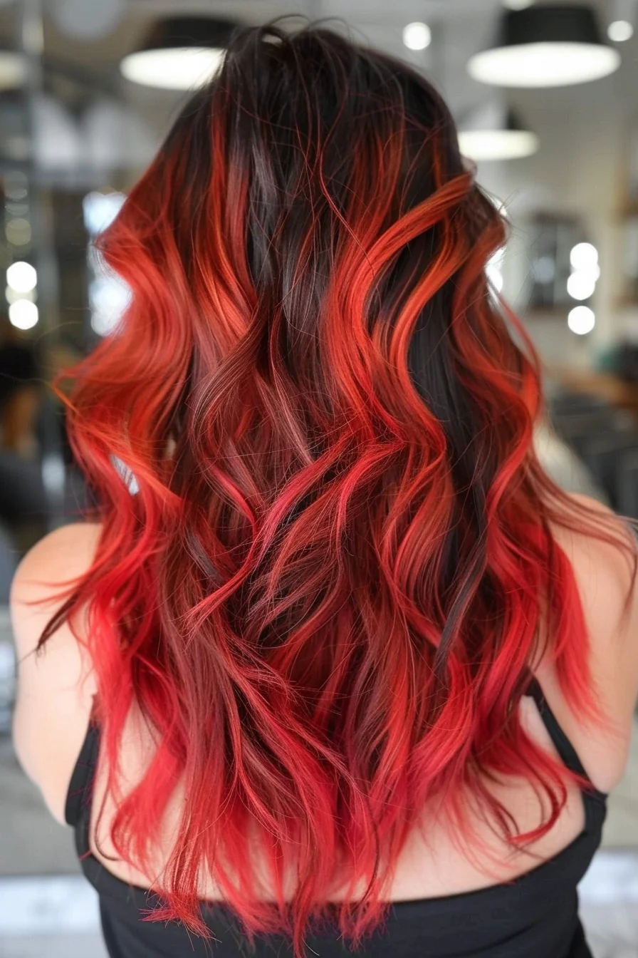 Brilliant cherry-red pieces illuminate dark brunette base color, creating a striking flame-like effect throughout long, flowing layers. The color intensifies gradually from roots to tips, with bright crimson pieces woven strategically throughout. Gentle waves enhance the multi-tonal dimension, while face-framing pieces add warmth and brightness.