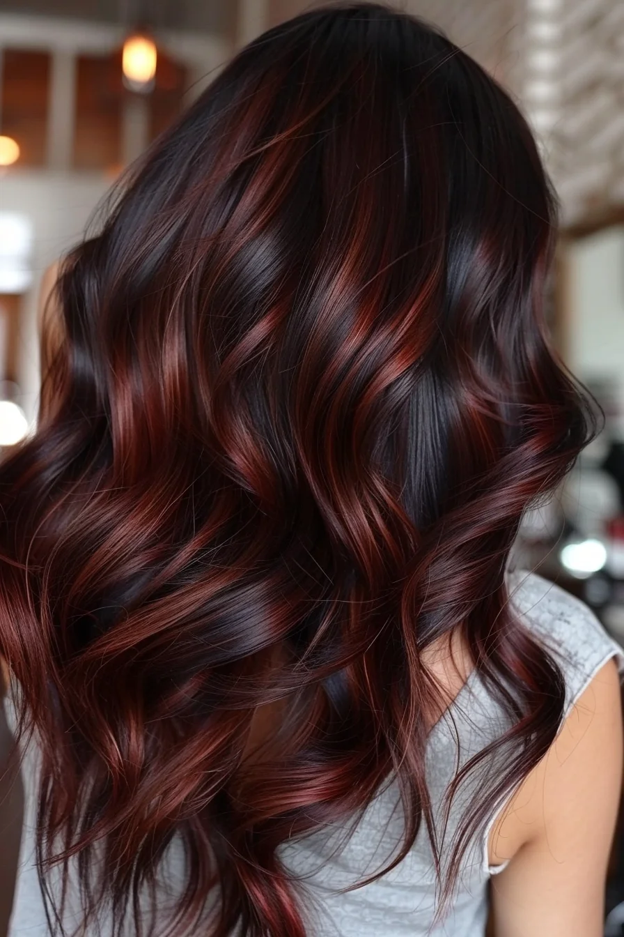 Sultry chocolate brown roots transition into rich burgundy tones, creating a subtle yet striking color combination. Soft waves showcase the beautiful interplay between deep base color and warm red highlights, while the painted technique creates natural-looking dimension. Each wave reveals new depths of color, from deep mahogany to wine-red.