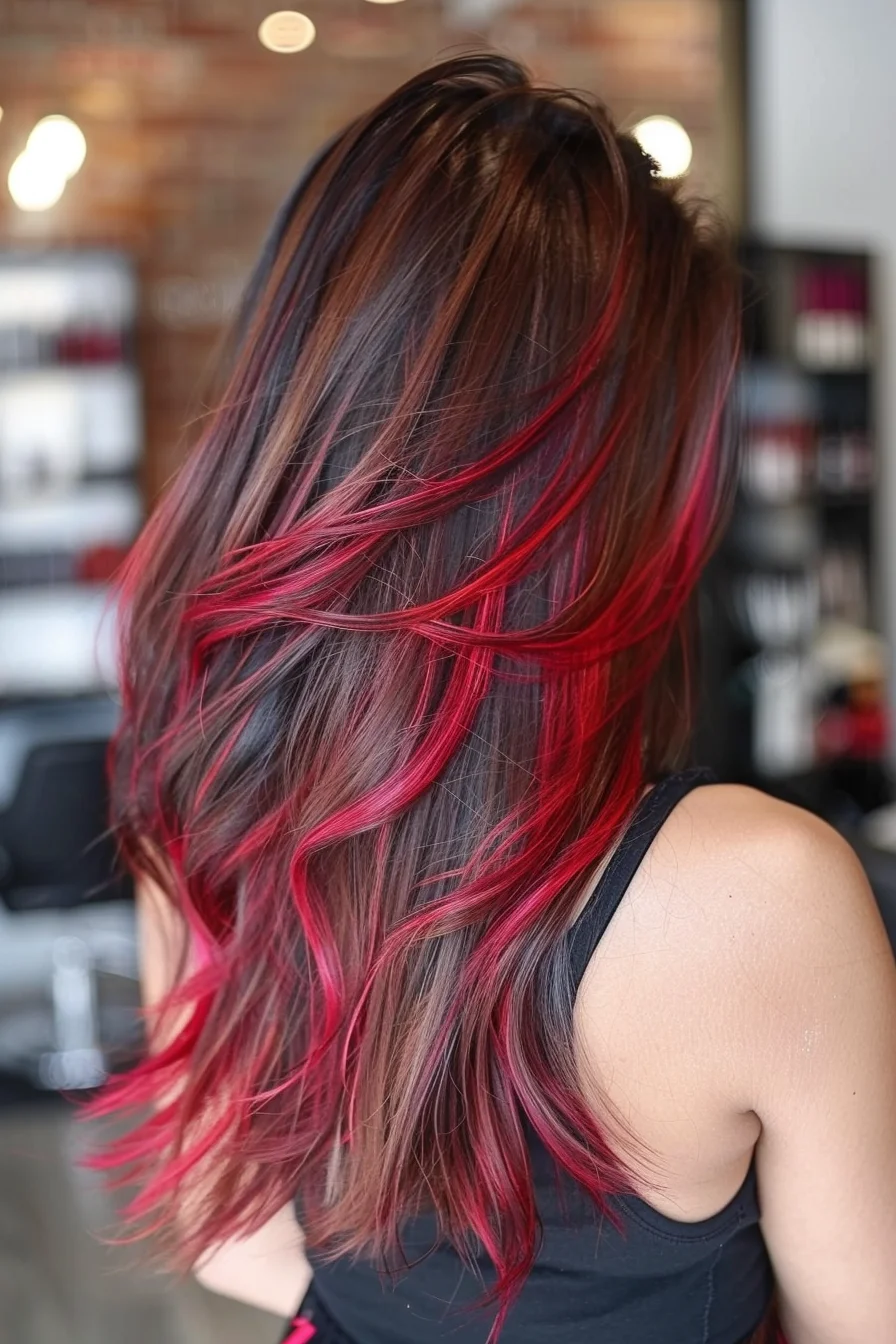 Intense magenta-red streaks pop against a dark brunette base, creating bold ribbons of color throughout long layers. The striking contrast between bright red pieces and deep base adds drama and movement to the style. Painted highlights become increasingly vibrant towards the ends, while loose waves showcase the multi-dimensional coloring.