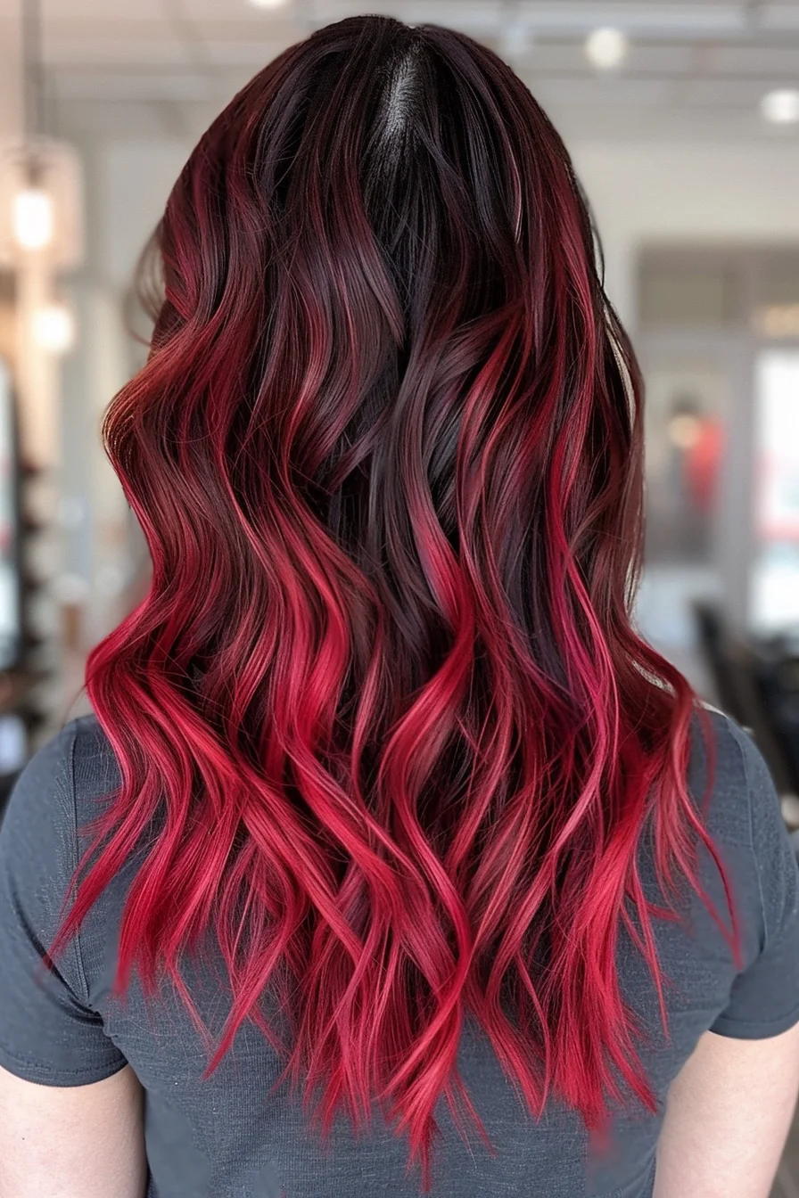 A gorgeous melding of deep noir roots transitions into striking cherry-red balayage, with the color becoming more saturated near the tips. Long layers showcase the multi-tonal dimension, while loose waves allow the colors to interplay naturally. Bold red pieces are woven throughout, creating an eye-catching fire-like effect against the dark base.