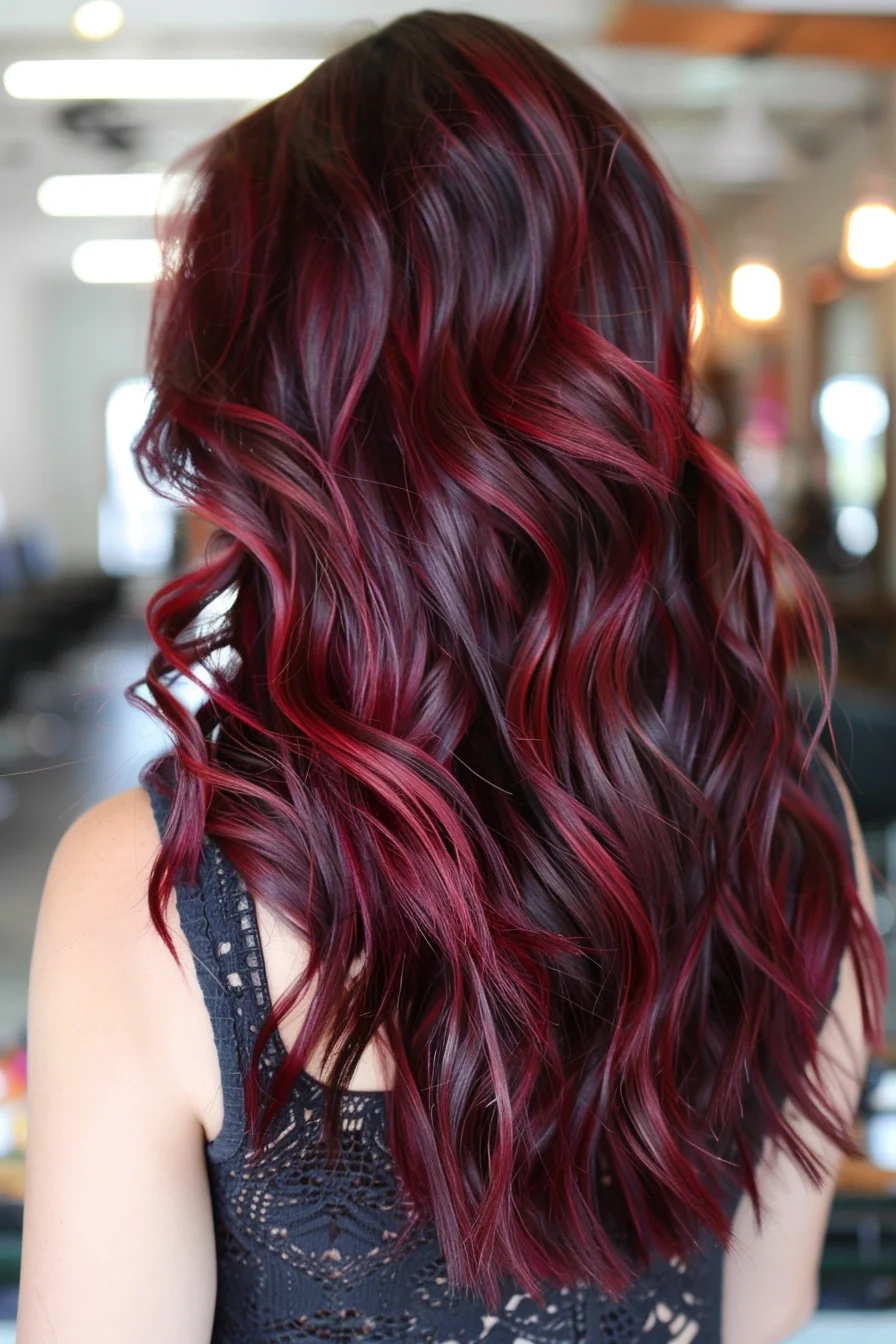 Rich burgundy tones blend with brilliant cherry-red highlights throughout flowing waves, creating a captivating multi-dimensional effect. Loose curls showcase the beautiful color work, while long layers allow the shades to meld seamlessly. Hand-painted pieces become increasingly vibrant through the mid-lengths and ends, adding dynamic movement to the style.