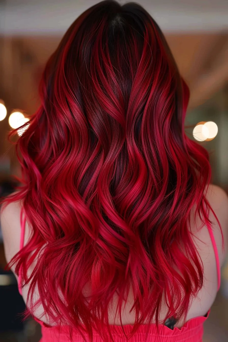 Brilliant magenta-red hues blend seamlessly from dark roots in a stunning display of dimensional color. Long layers styled in loose waves showcase the vibrant gradient effect, with the boldest red pieces concentrated at the ends. Each wave reveals new depths of color, creating a mesmerizing interplay between deep burgundy and bright cherry tones.