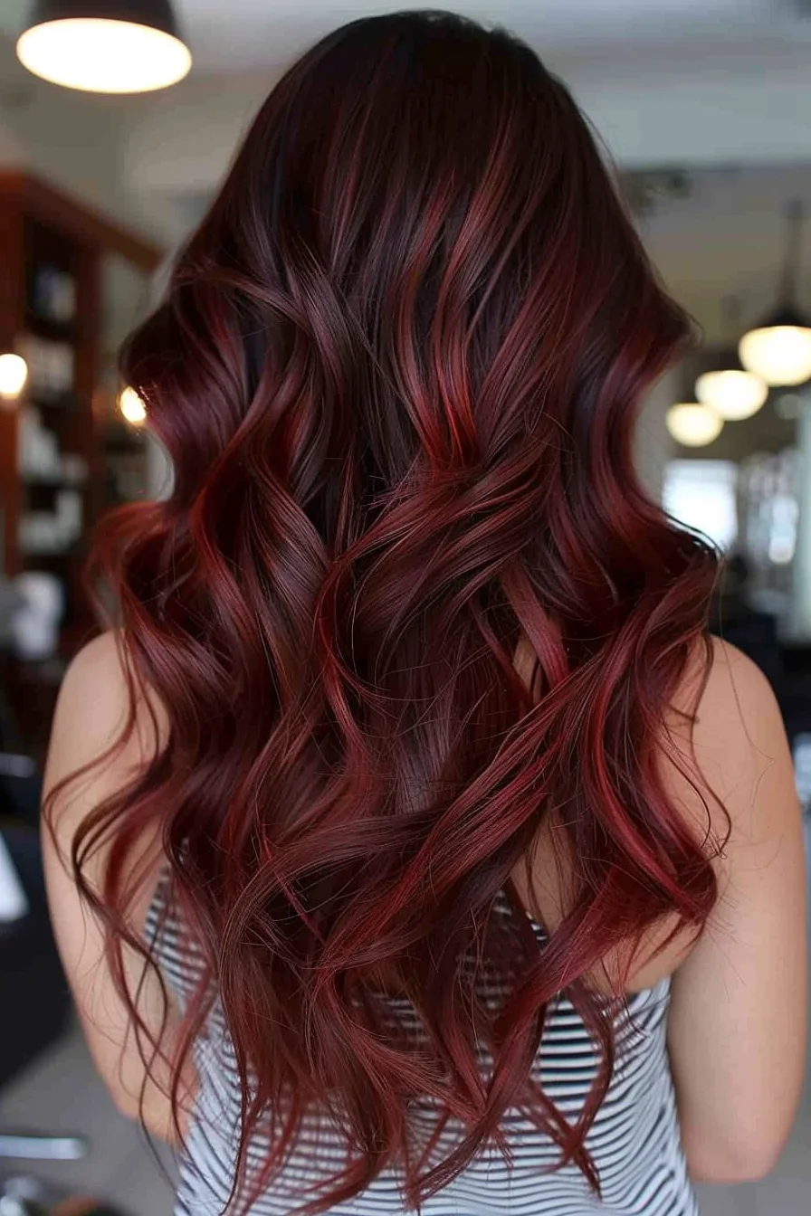 Deep mahogany roots transition into a stunning mix of wine and cherry-red pieces throughout flowing waves. The color intensifies naturally from roots to tips, while varying shades of red create incredible dimension. Long layers styled with gentle movement showcase the beautiful color work, with bright pieces framing the face.