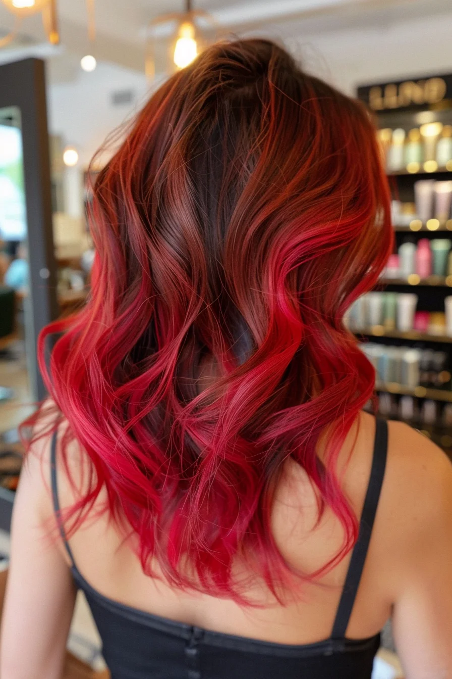 Striking crimson pieces pop against dark brunette base color, creating bold ribbons of color throughout. The vibrant red balayage becomes increasingly intense through the mid-lengths and ends, while loose waves showcase the multi-dimensional effect. Hand-painted highlights add dynamic movement and drama to the style.