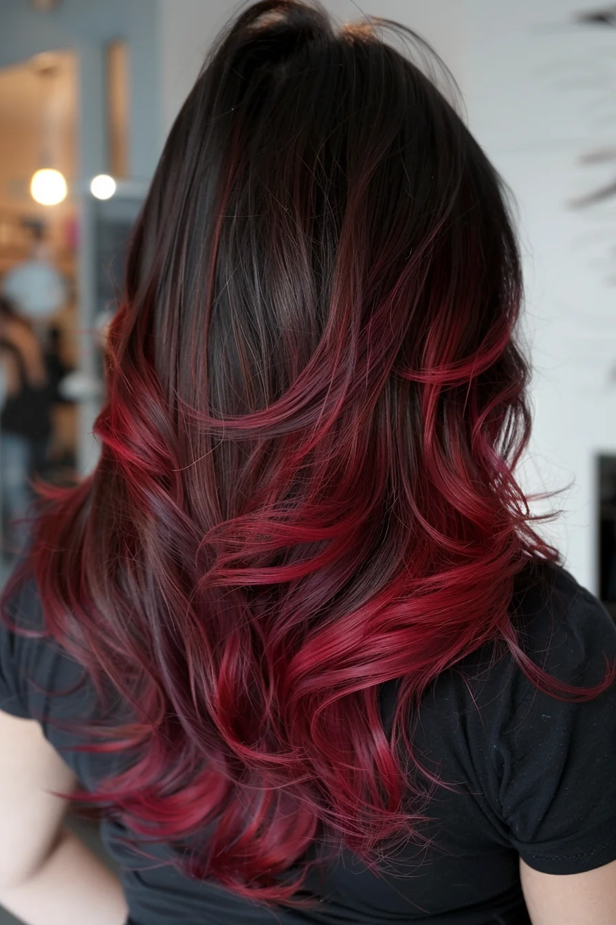 Striking deep noir roots cascade into vibrant candy-apple red pieces, creating a bold contrast throughout long layers. The balayage technique allows the bright crimson to peek through, becoming more intense towards the ends. Soft waves enhance the dimensional coloring, while the gradual transition from dark to light adds stunning visual interest.