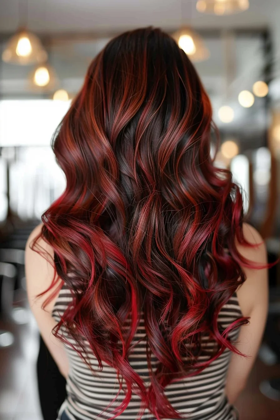 Rich burgundy pieces weave through a dark chocolate base, creating an enchanting blend of warm red tones. The long layers showcase multiple dimensions of color, from subtle wine-red to brilliant ruby highlights. Loose waves allow the colors to meld naturally, while bright pieces frame the face beautifully.