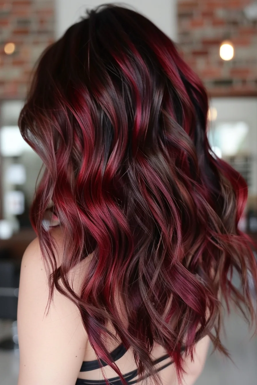 Medium-length layers feature a gorgeous mix of deep brunette and vivid red balayage, with each wave revealing new depths of color. The painted technique creates natural-looking ribbons of burgundy and bright cherry-red throughout, while subtle layers add movement and body to the style.