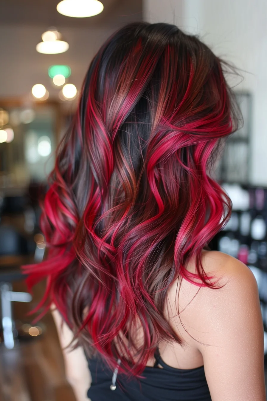 Intense magenta-red highlights pop against midnight roots in a stunning display of dimensional color. Long layers cut at varying angles showcase the beautiful blend, while loose waves create movement that allows light to catch every shade. Bold pieces become increasingly vibrant through the mid-lengths and ends.