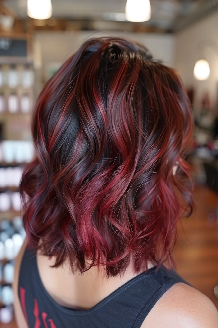 Shoulder-length waves showcase a beautiful blend of noir base and bright cherry-red pieces painted throughout. The balayage technique creates natural-looking dimension, while layers cut to enhance movement allow the colors to flow seamlessly. Vivid red highlights add drama and depth to this shorter style.