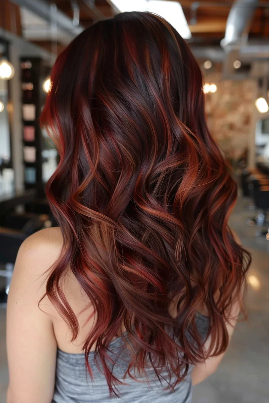 Subtle burgundy pieces blend seamlessly with a rich chocolate brown base, creating an understated yet captivating look. Long layers styled in loose waves showcase the dimensional color work, while painted highlights in varying shades of wine-red add natural movement throughout. Each wave reveals new depths of color that catch light beautifully.