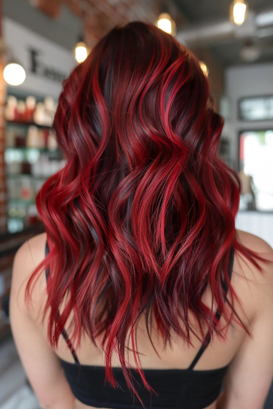 Striking bright cherry-red pieces pop against deep noir roots, creating bold ribbons of color throughout flowing waves. Long layers cut to enhance movement showcase the stunning contrast between dark base and vibrant red highlights. The color intensifies dramatically through the mid-lengths and ends, adding incredible dimension to the style.