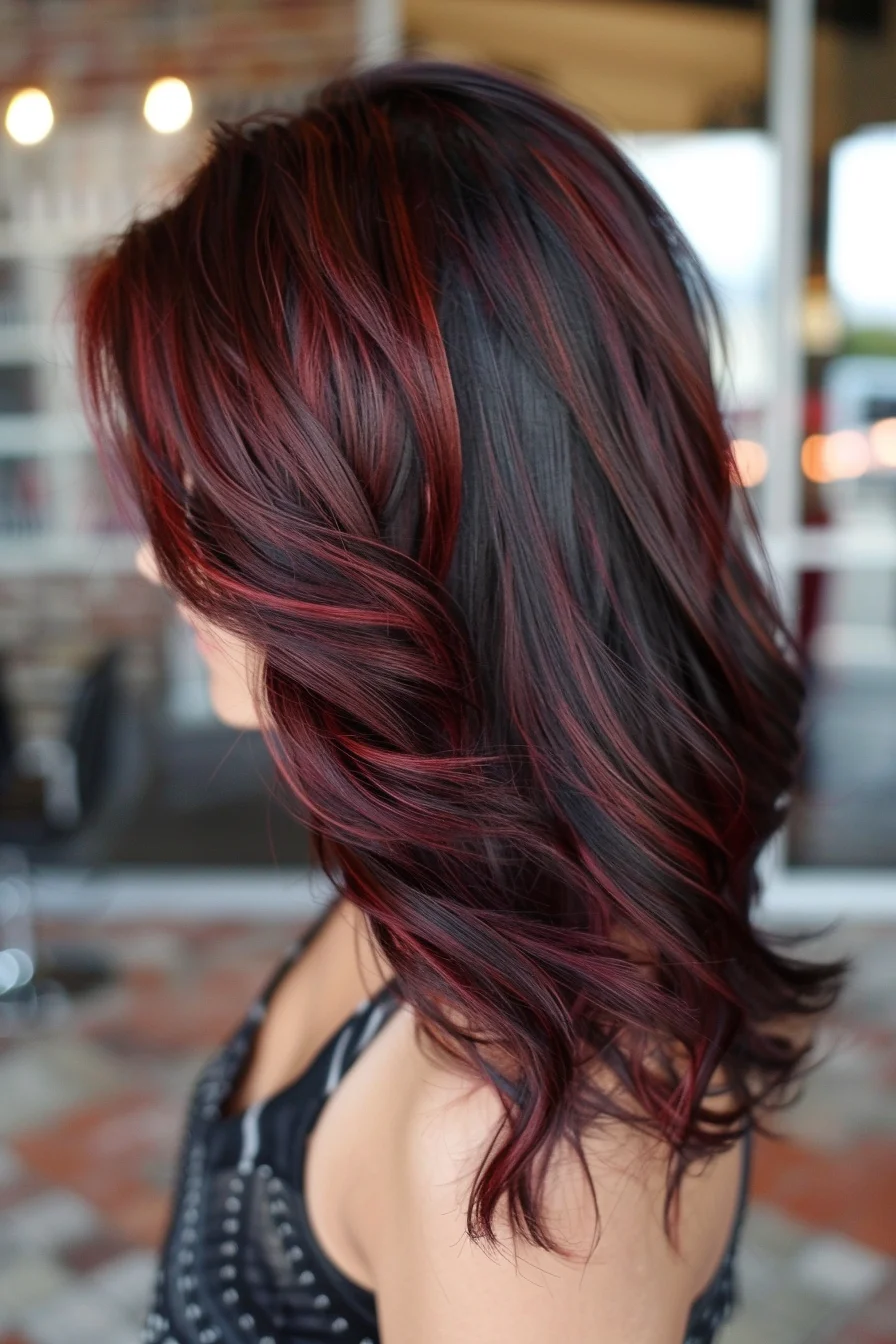 Deep espresso roots transition into rich wine-red pieces that blend naturally throughout the layers. Hand-painted highlights create stunning contrast between dark and light, while soft waves allow the colors to meld seamlessly. The multi-tonal effect brings depth and movement to every angle of the cut.