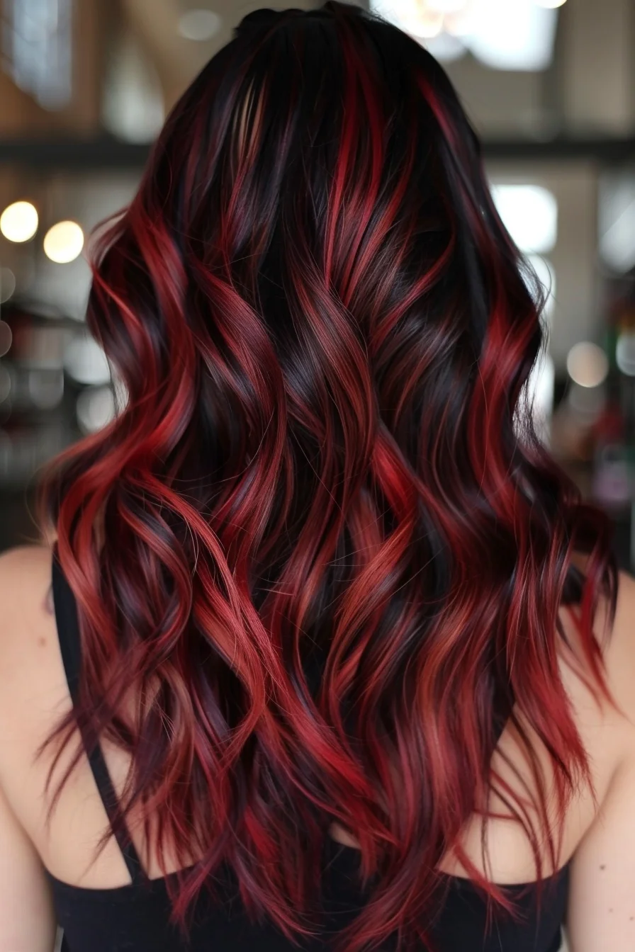 Intense magenta-red pieces illuminate noir roots in a show-stopping gradient effect. Long layers cut at varying angles allow the colors to blend effortlessly, while loose waves create movement that showcases every shade. The balayage technique brings stunning depth and drama to the overall look.