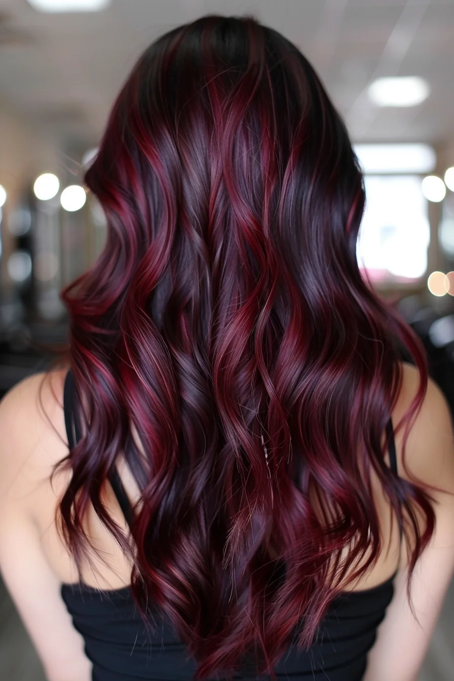 Deep burgundy highlights create a rich, multi-dimensional effect against midnight black roots, with the color intensifying through long, flowing waves. Each curl reveals varying depths of wine-red tones that catch light beautifully, while the painted technique allows colors to blend seamlessly from dark to bright. 