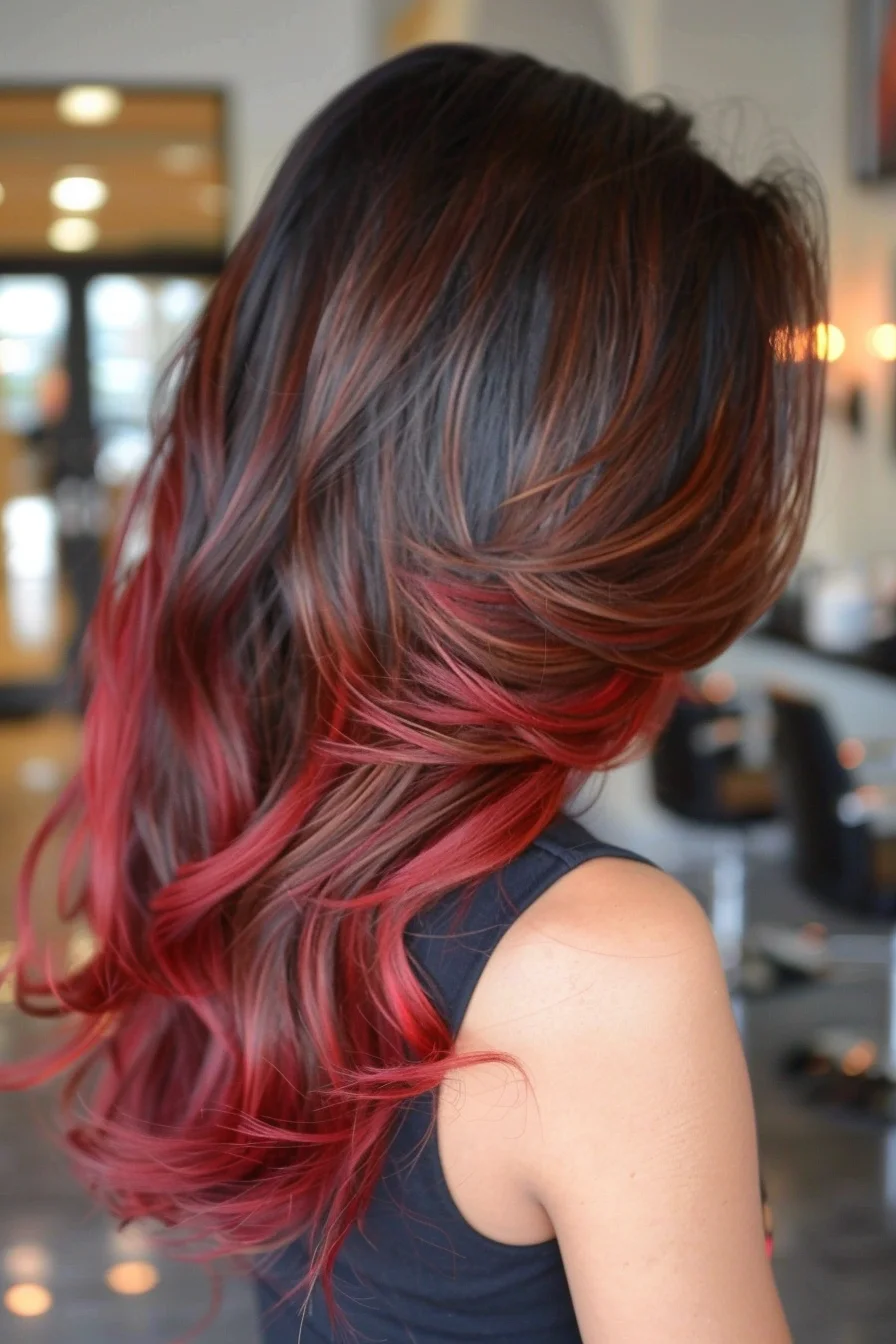 Dramatic noir roots flow into vivid cherry-red ends in a bold ombré effect that commands attention. Long layers styled with gentle waves showcase the striking transition from dark to bright, while the balayage technique creates a natural-looking gradient throughout.